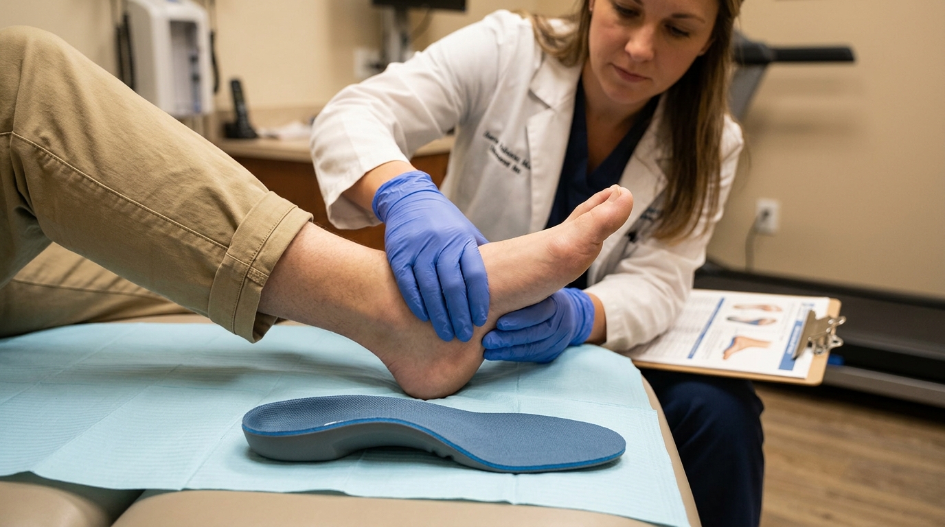 cross-section illustration of corrective insole design showing arch support, heel cupping, and medial posting biomechanics