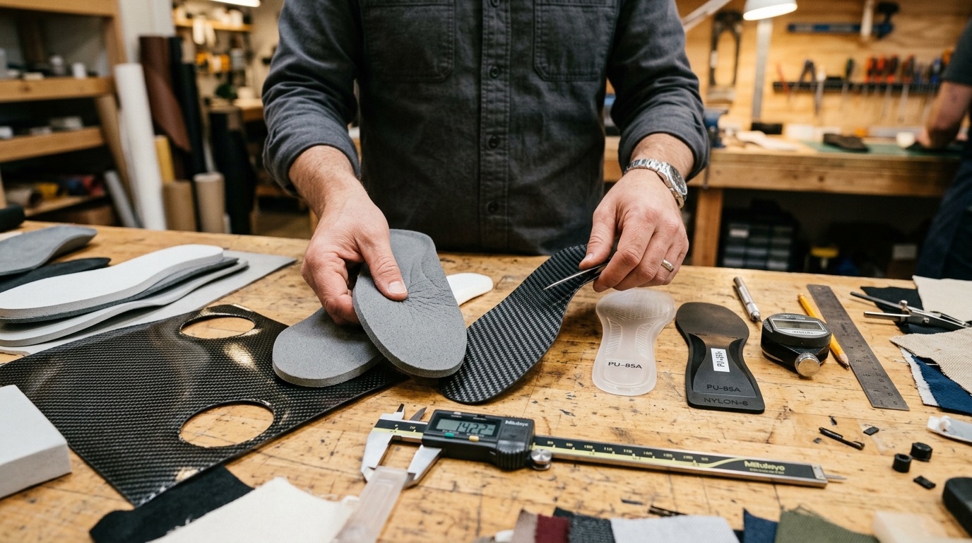 comparison of motion control insole materials including polypropylene, carbon fiber composite, and high-density EVA shells