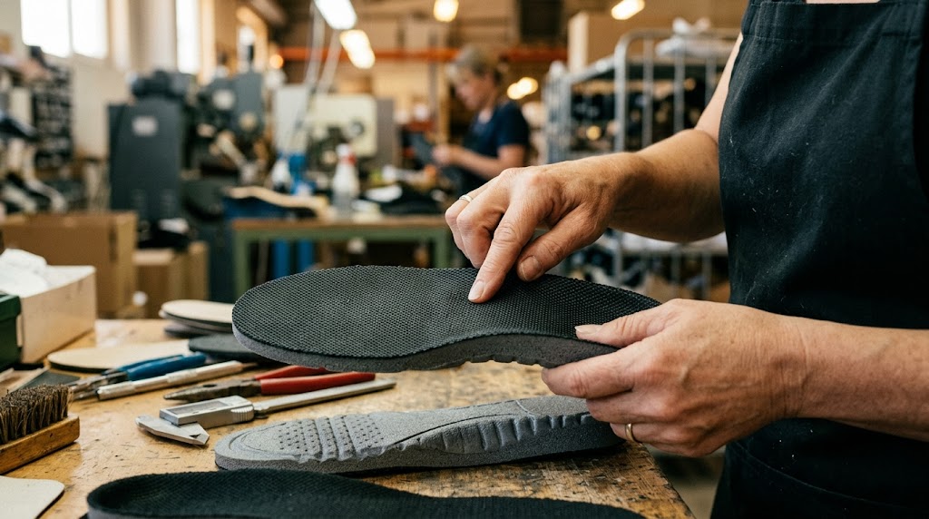 compression molded foam tongues — surface finish and textile bonding