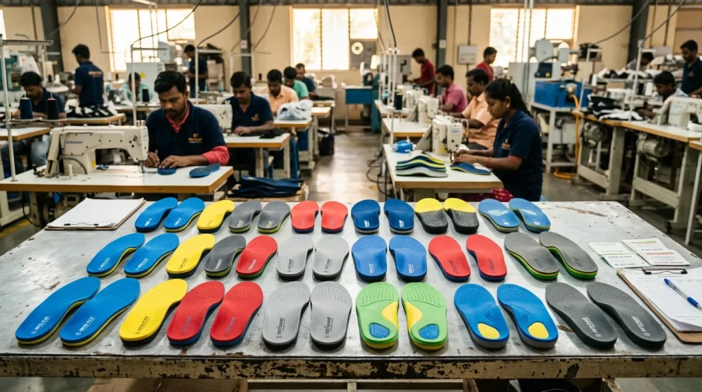 shoe insole manufacturers in India — insoles laid out on an inspection table in an Indian footwear factory