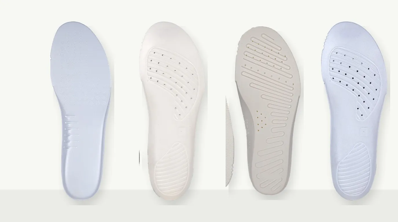 White SCF EVA, modified TPU, TPEE, and ATPU insole material samples