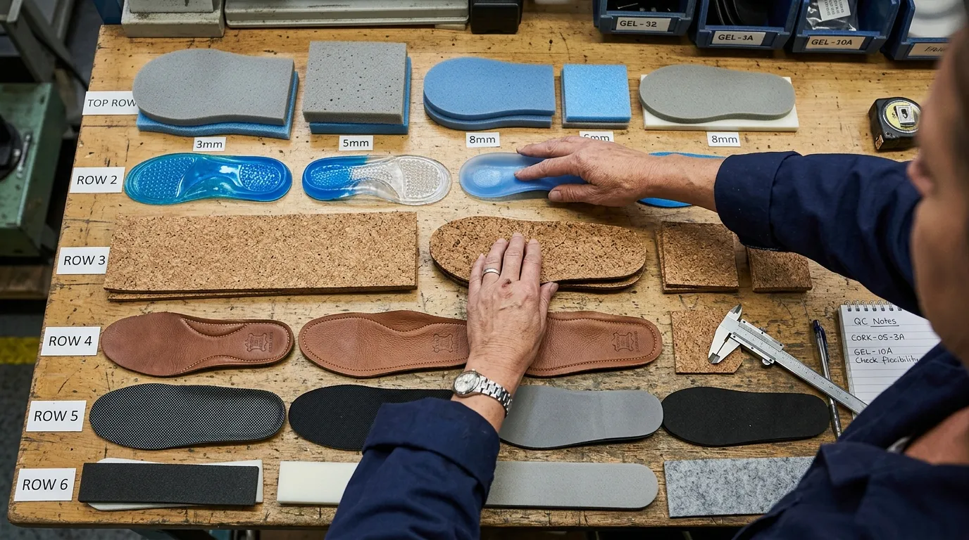 comparison of common insole materials including EVA foam and polyurethane