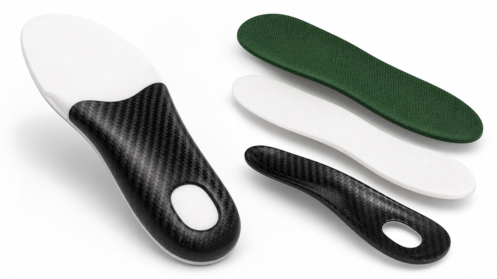Exploded product rendering of textile, foam, and carbon fiber insole layers