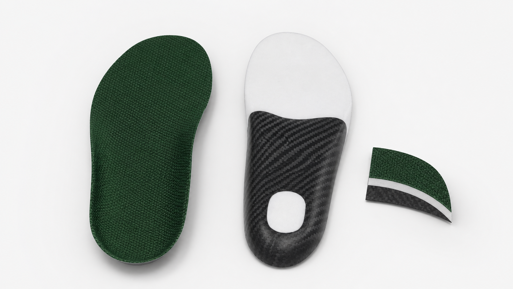 Custom carbon fiber foot insoles displayed in a clean, bright studio product rendering