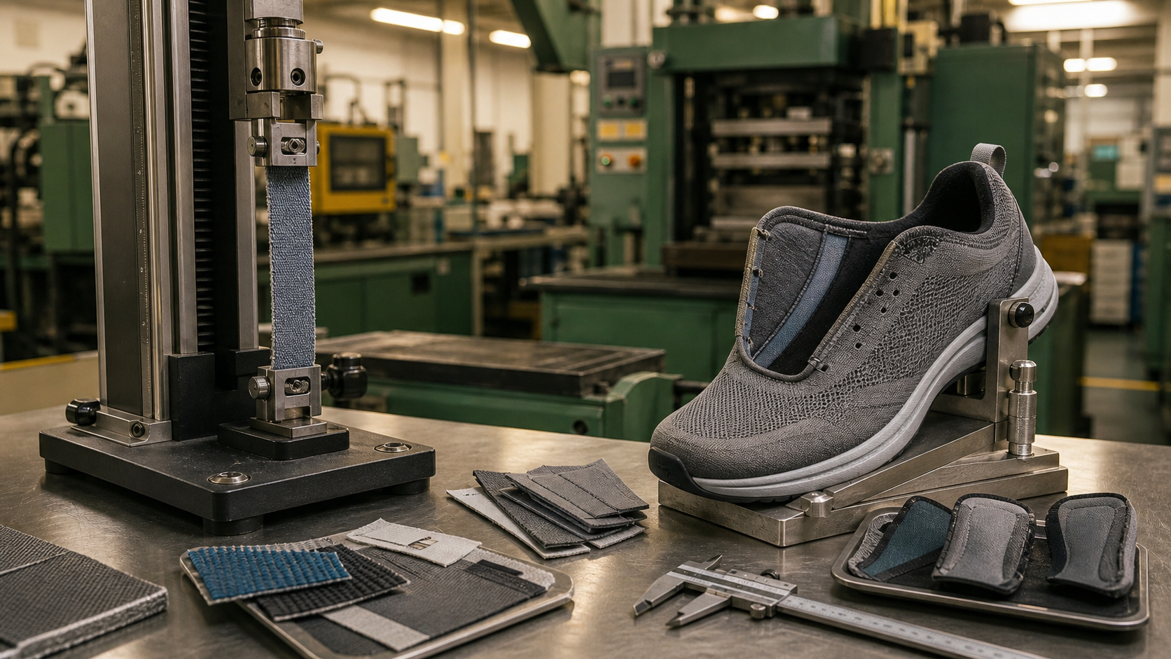 Factory quality testing station for gusset stretch and running shoe tongue alignment
