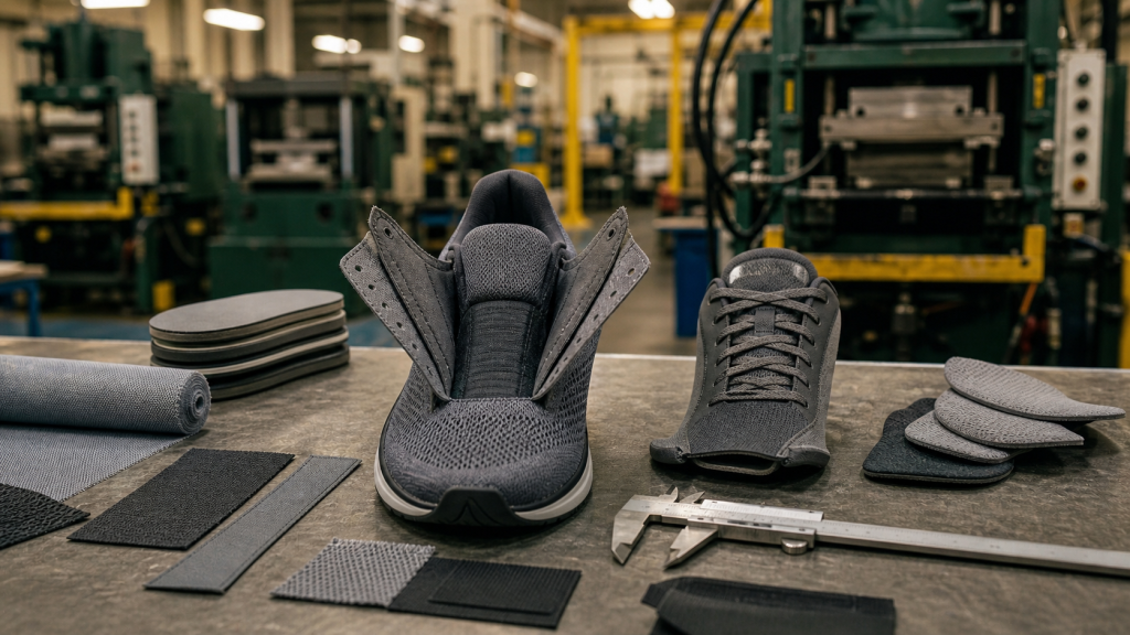 Gusseted running shoe tongue and component samples on a footwear factory workbench