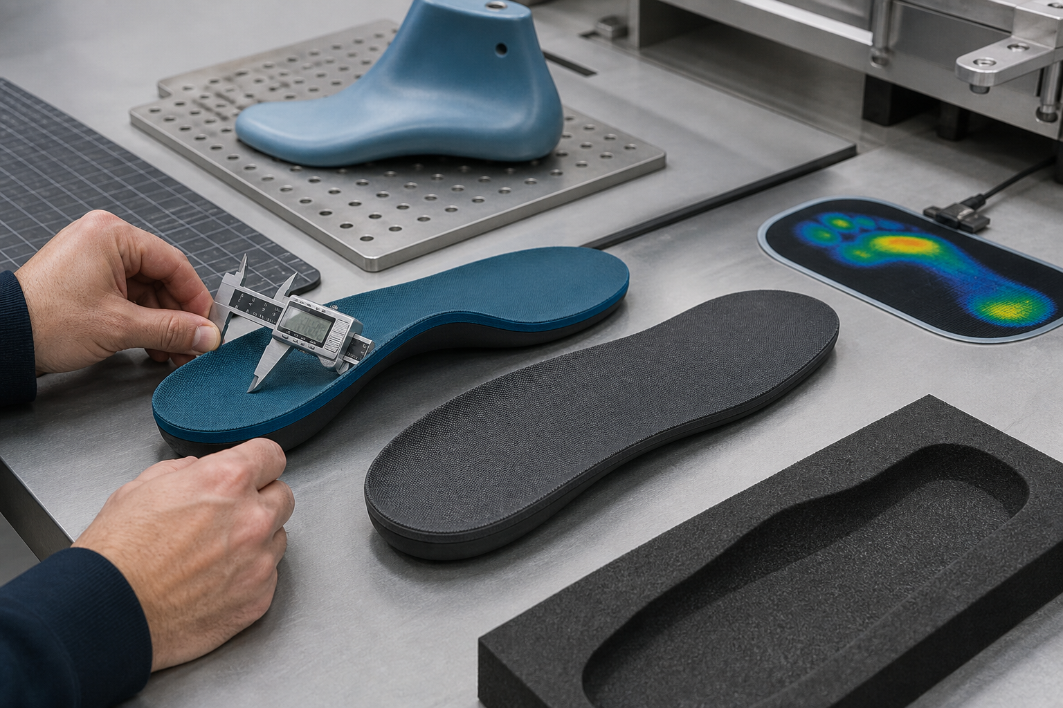 High arch footbed geometry being measured in a footwear testing lab