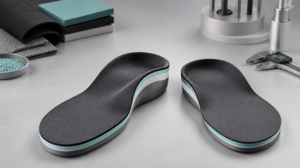 High arch footbed and standard footbed compared on a footwear development bench