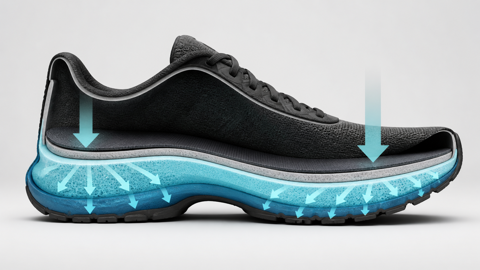 Layered shoe construction showing how shock absorption works from heel to forefoot
