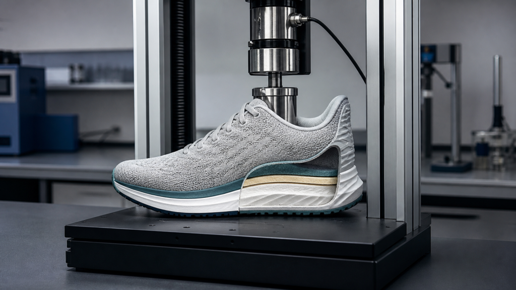 Shoe shock absorption test on an athletic shoe in a footwear laboratory