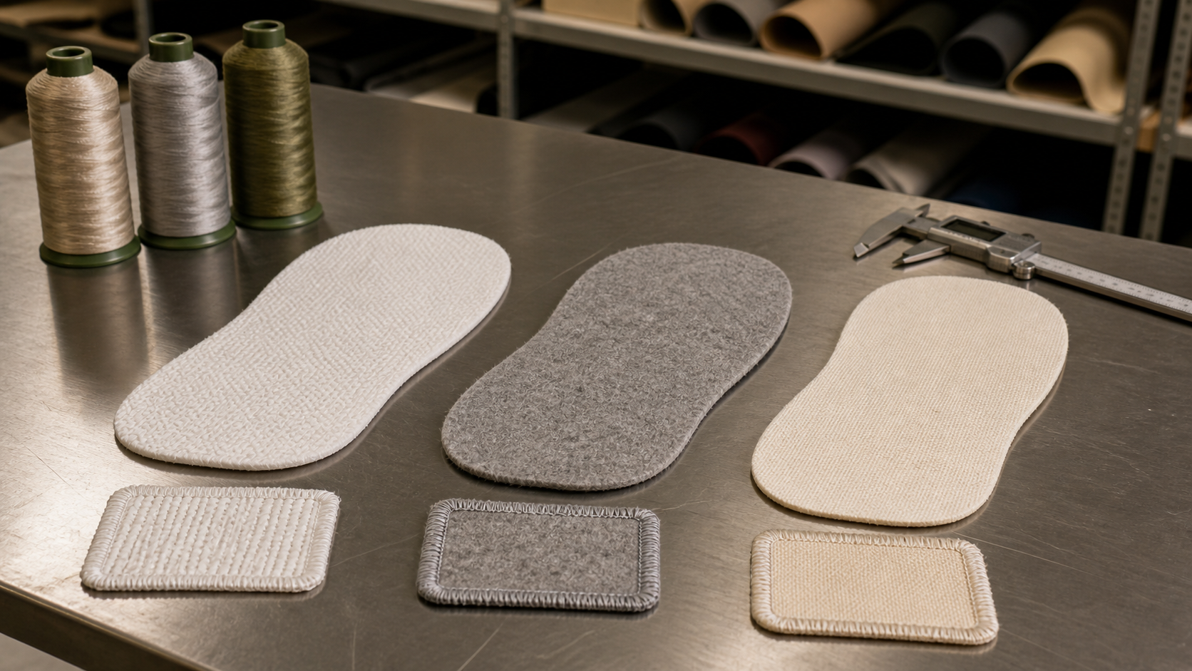 Three Strobel board material samples with stitched edge test pieces on an empty footwear laboratory bench
