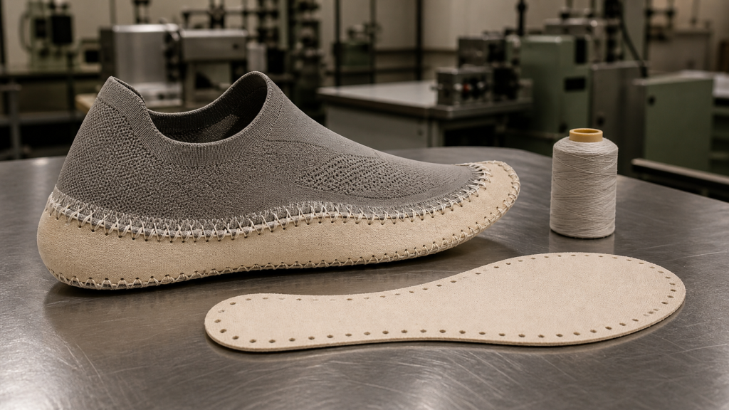 Strobel-stitched athletic shoe upper beside a flexible Strobel board on an empty factory workbench