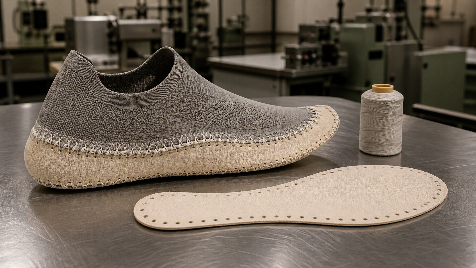 Strobel-stitched athletic shoe upper beside a flexible Strobel board on an empty factory workbench