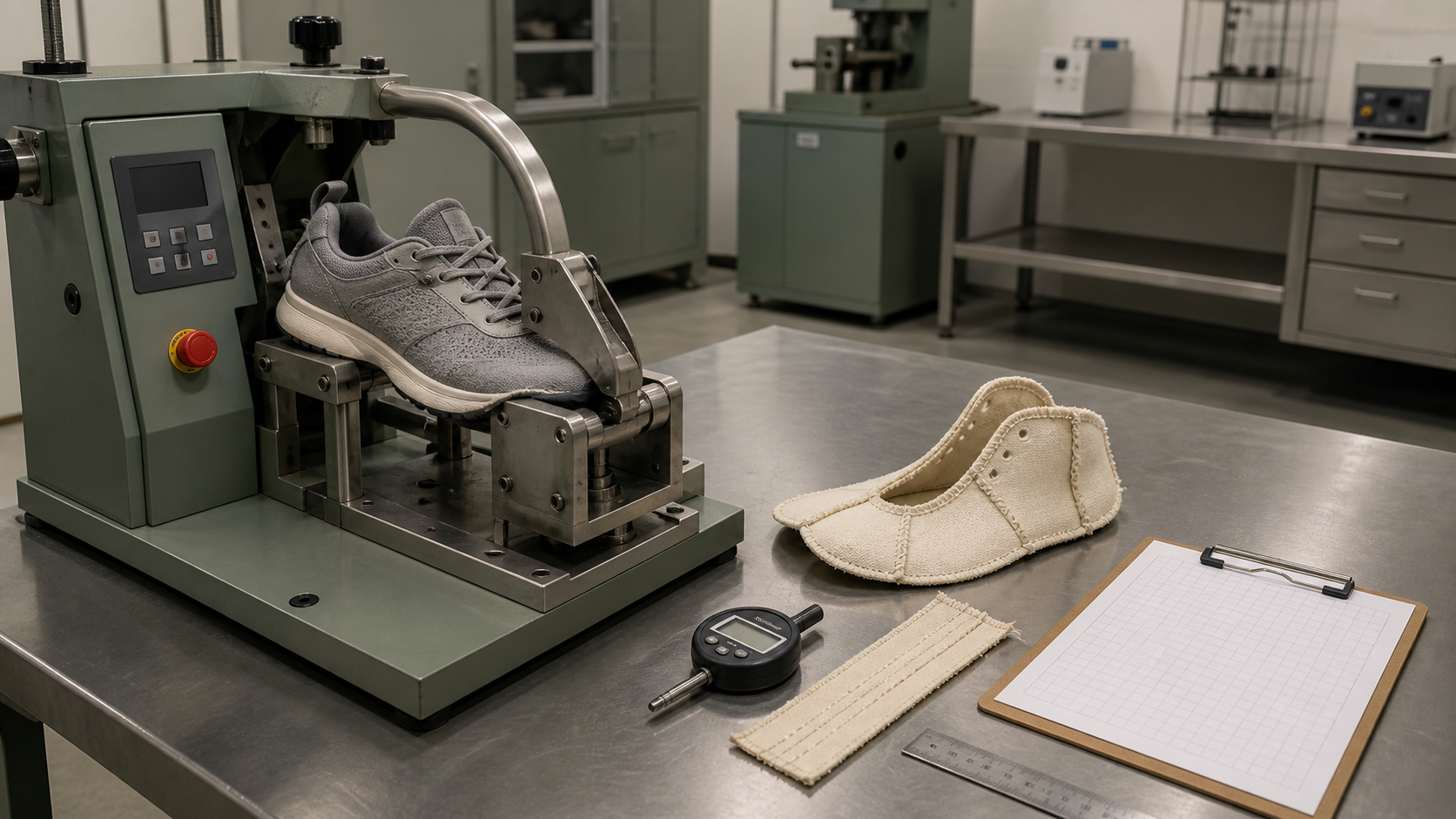Unoccupied footwear quality-control station with a flex tester, stitched upper sample, gauges, and inspection checklist