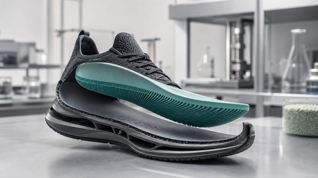 TPEE insole positioned above an athletic shoe to illustrate responsive cushioning